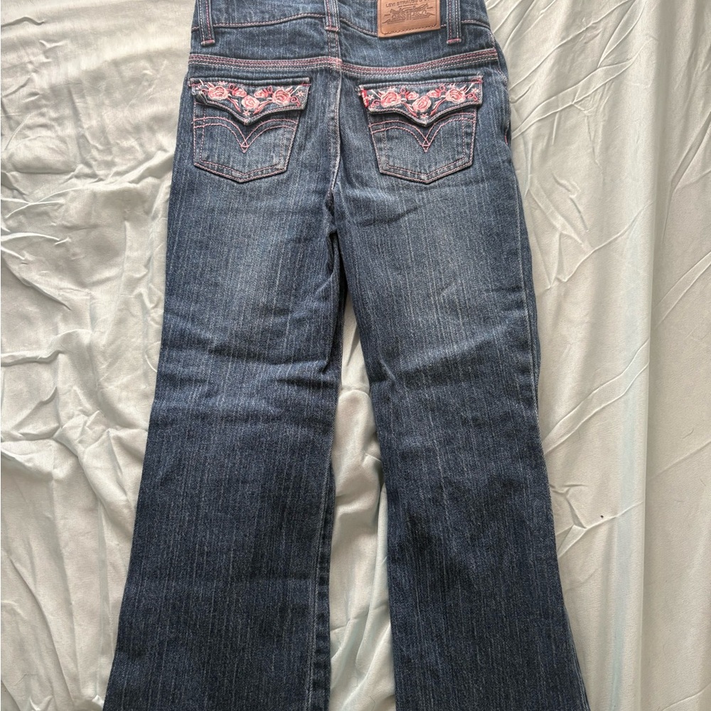Vintage Levi's Girls 6x Bootcut Jeans Pink Embroidered Flowers Adjustable Waist